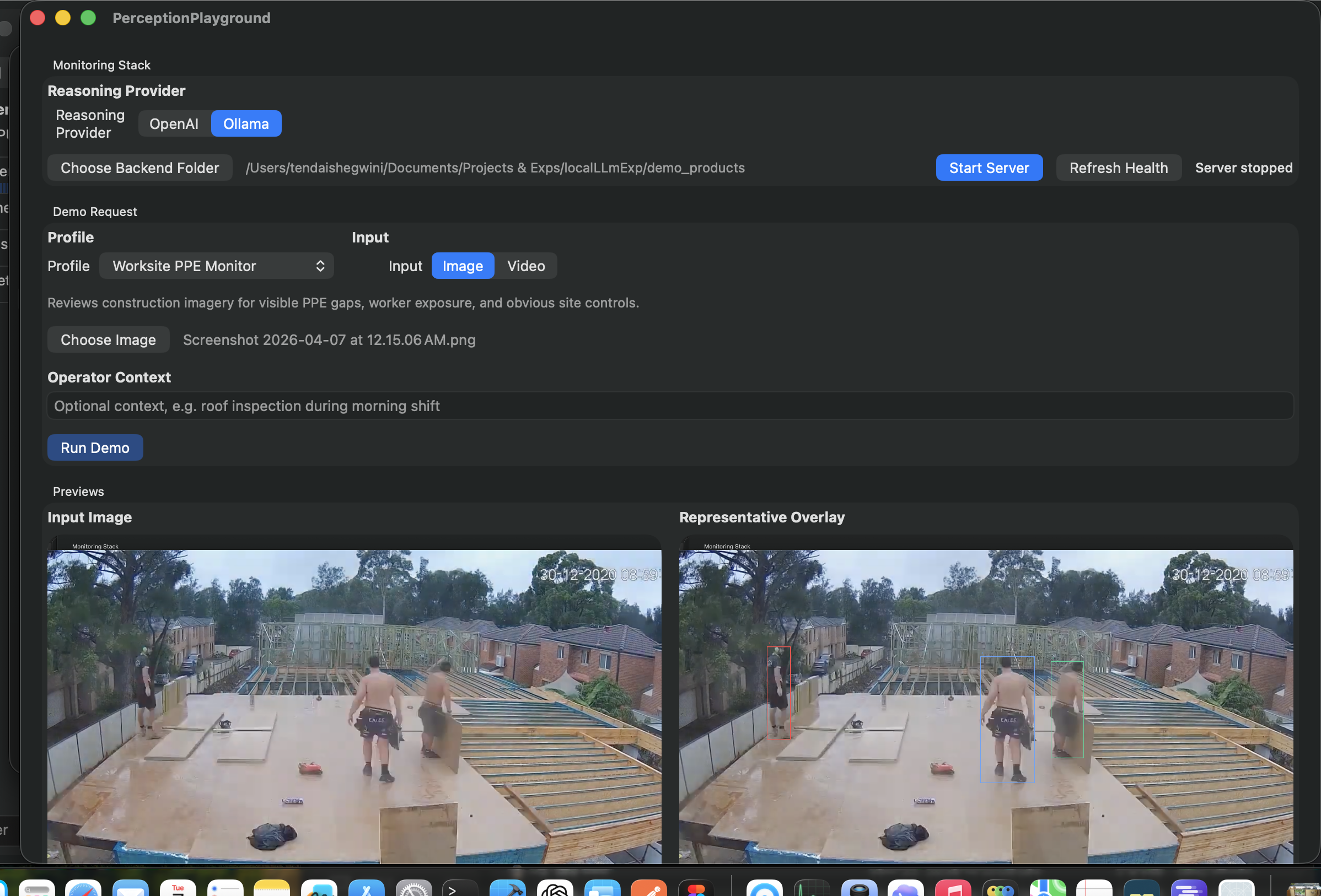 Worksite PPE example showing the input frame and representative overlay