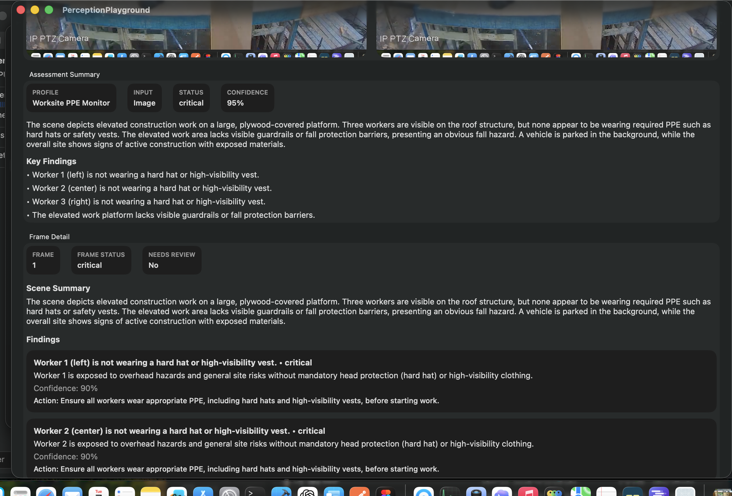 Worksite PPE example showing the summary and findings output